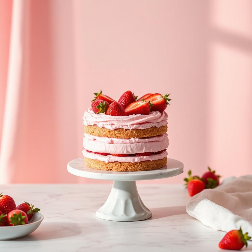 Layered strawberry cake on a marble cake stand